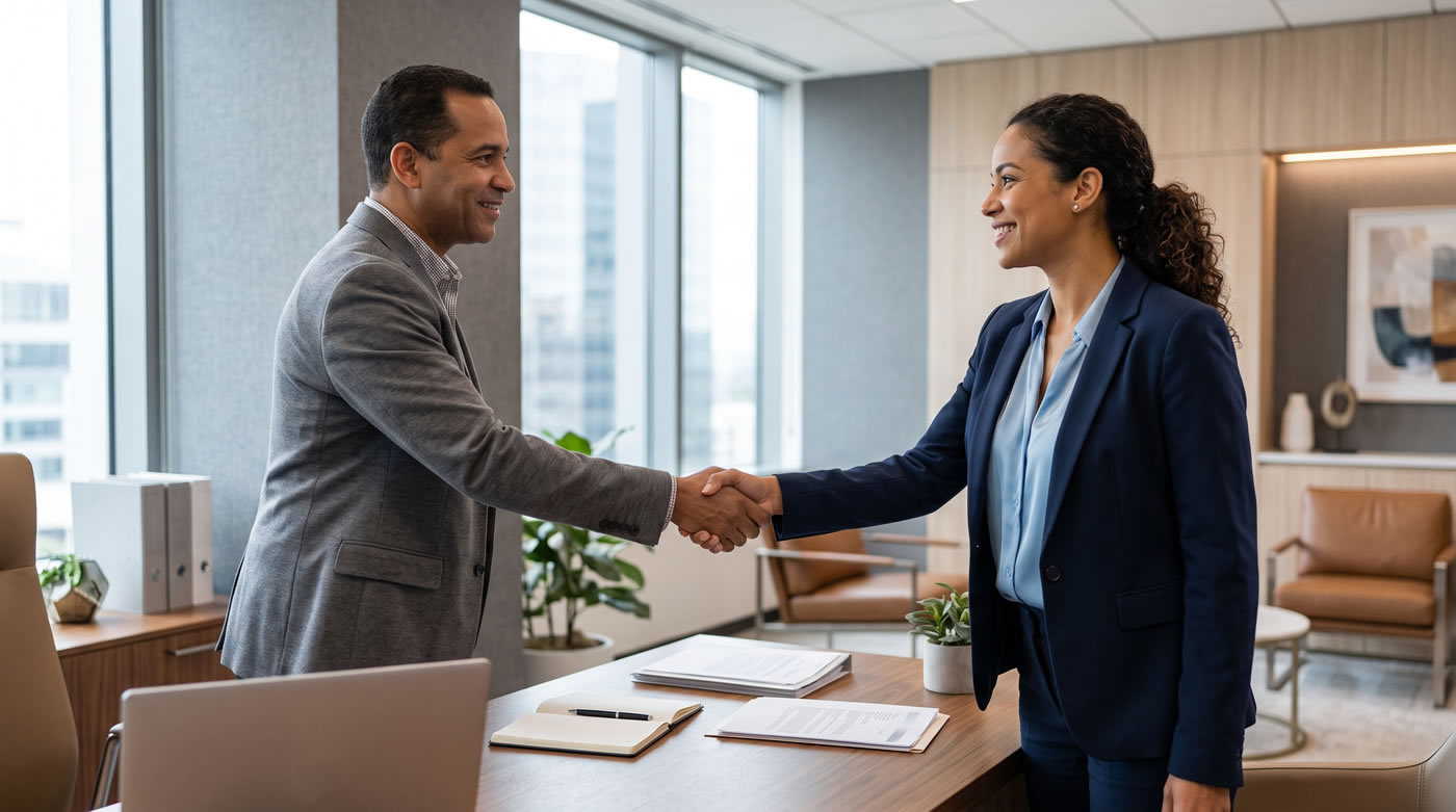 Consultor fiscal latino atendiendo a un cliente en oficina
